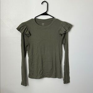 GAP Olive Green Ruffle-Shoulder Long Sleeve Tee